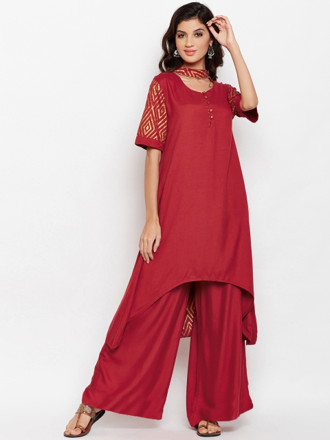 

studio rasa Women Maroon Block Printed Choker Kurta