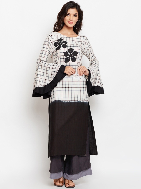 

studio rasa Women Black & White Checked Dip-Dye Block Printed Kurta