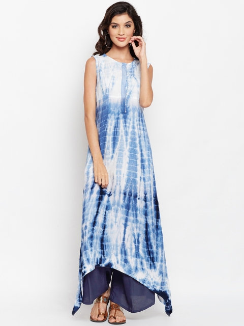 

studio rasa Women Blue & White Tie & Dye Asymmetic A-Line Kurta