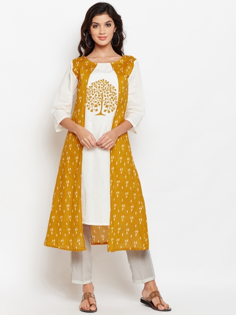 

studio rasa Women Mustard Yellow & White Block Printed Faux Layered Kurta