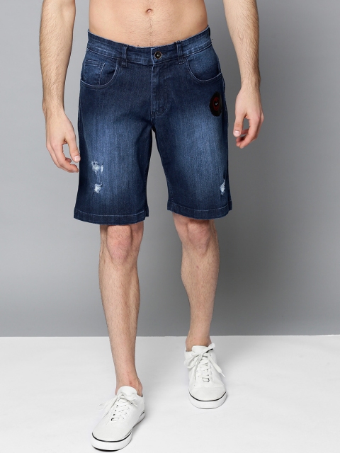

Kook N Keech Marvel Men Navy Blue Washed Low Distress Denim Shorts