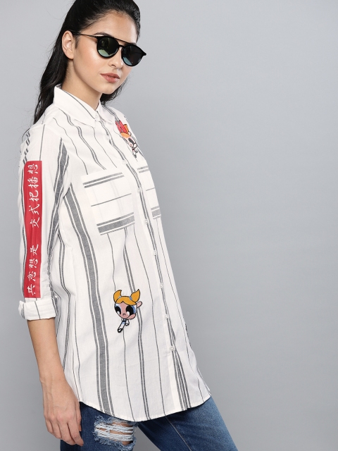 

Powerpuff Girls by Kook N Keech Women White & Black Regular Fit Striped Casual Shirt