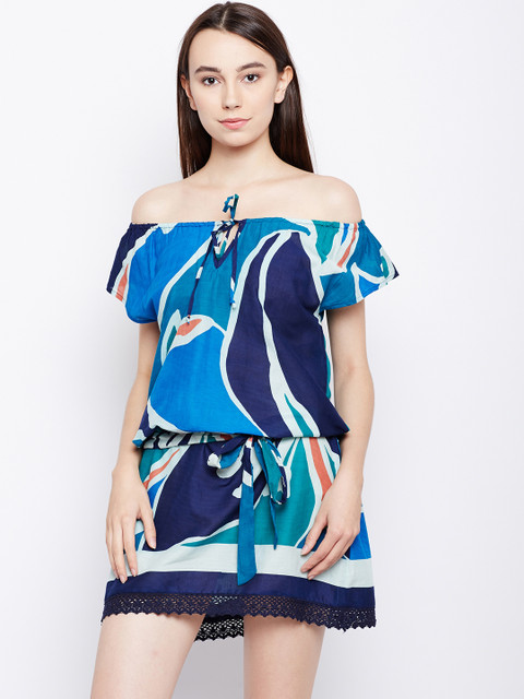 

Oxolloxo Women Beachwear Blue Printed Swimming Cover-Up Dress