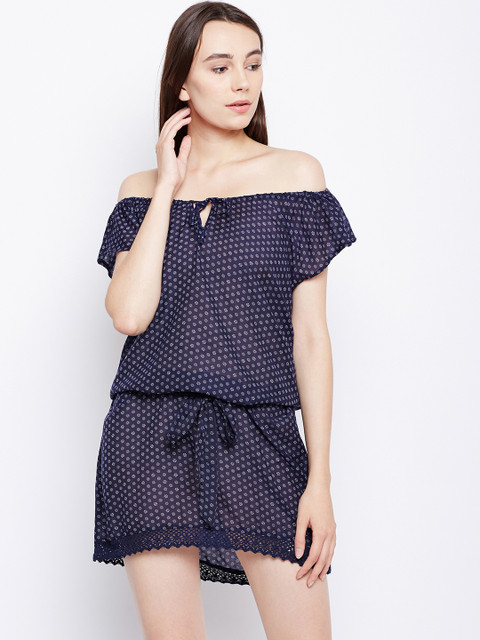 

Oxolloxo Women Navy Printed Swimming Off-Shoulder Cover-Up Dress W18192WBW001, Navy blue
