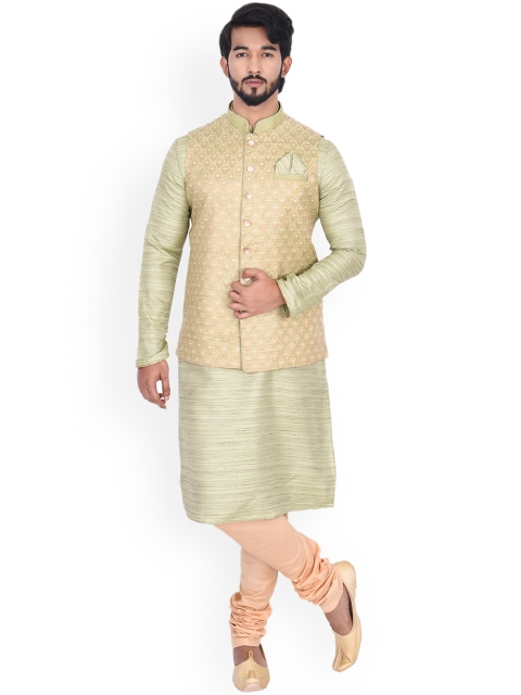 

Manyavar Men Green & Peach-Coloured Self Design Kurta with Churidar & Nehru Jacket