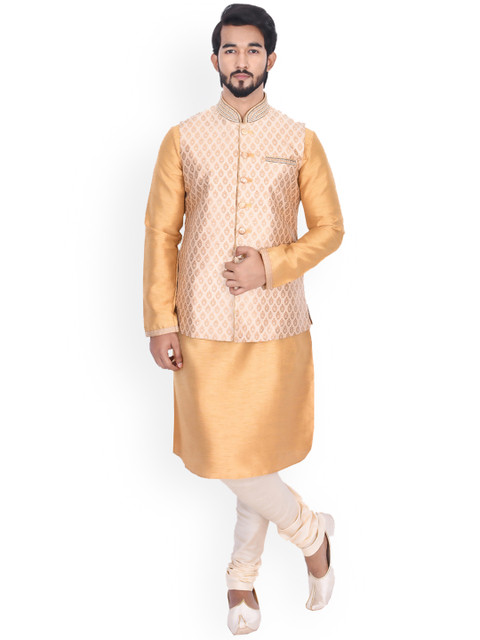 

Manyavar Men Yellow & Cream-Coloured Solid Kurta with Churidar & Nehru Jacket