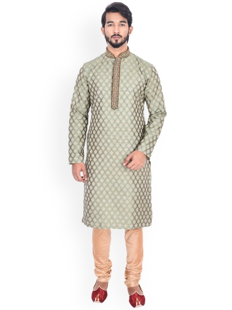 

Manyavar Men Green & Beige Self Design Kurta with Churidar