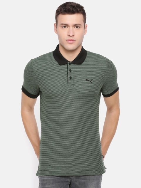 

Puma Men Olive Green & Black Slim Fit Striped Polo Collar T-shirt