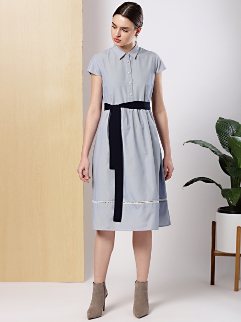 

her by invictus Women Blue & White Striped Fit and Flare Dress