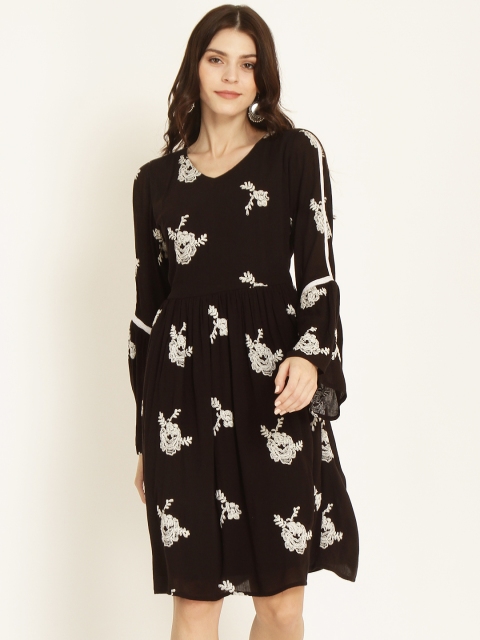 

RARE ROOTS Women Black Printed Fit and Flare Dress