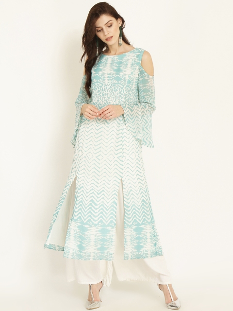 

RARE ROOTS Women White & Green Printed A-Line Kurta