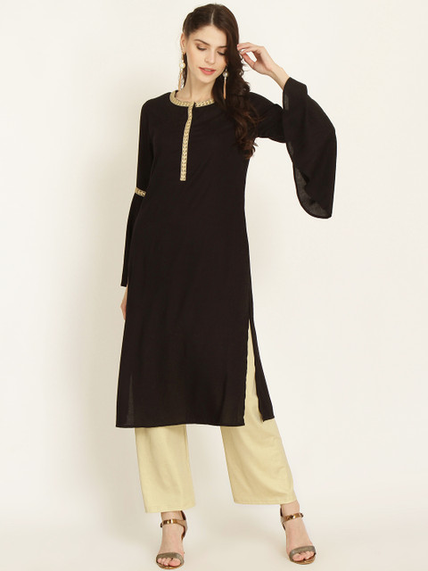 

RARE ROOTS Women Black & Gold-Toned Solid Straight Kurta