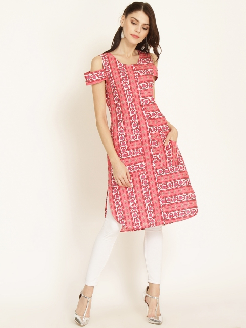 

RARE ROOTS Women Pink & White Printed Straight Kurta