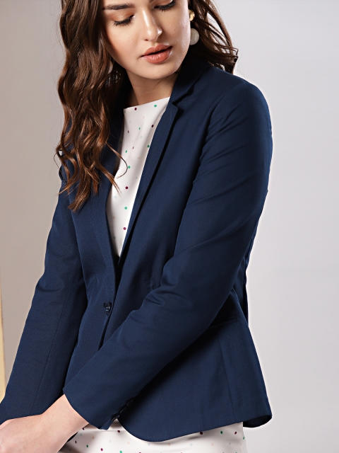 

INVICTUS Women Navy Solid Single-Breasted Casual Blazer, Navy blue