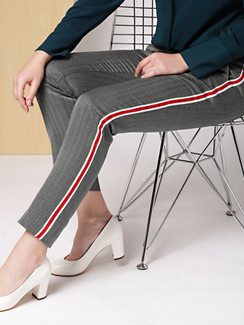 

her by invictus Women Grey & Black Regular Fit Striped Cropped Trousers