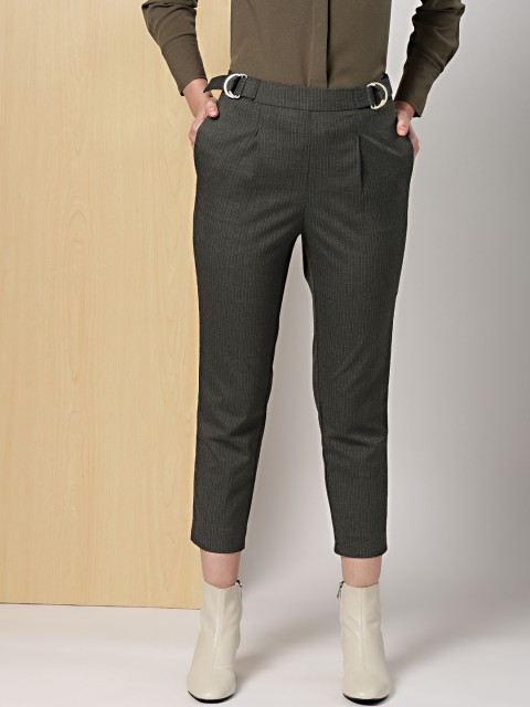

her by invictus Women Grey Regular Fit Striped Formal Trousers