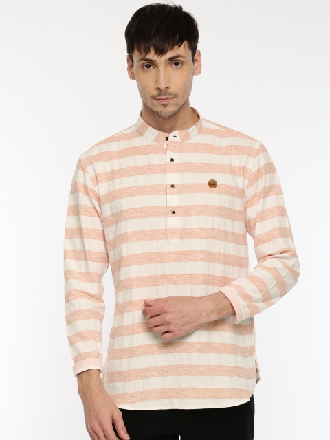 

The Indian Garage Co Men White & Peach-Coloured Striped Straight Kurta