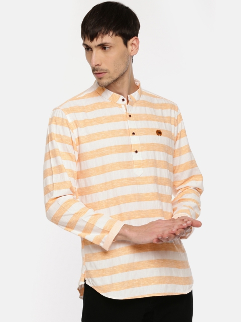 

The Indian Garage Co Men White & Orange Striped Straight Kurta