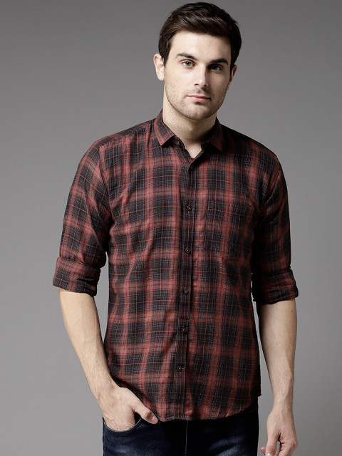 

DENNISON Men Rust Brown & Black Comfort Slim Fit Checked Casual Shirt