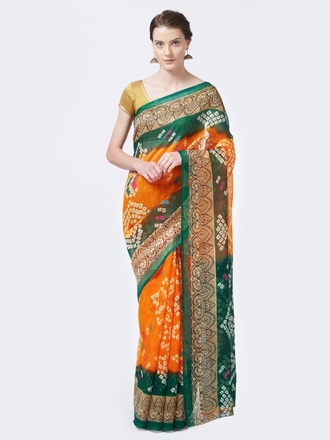 

Rajesh Silk Mills Yellow & Green Silk Cotton Bhagalpuri Bandhani Print Saree