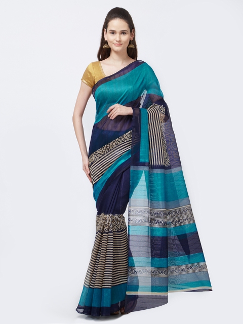

Rajesh Silk Mills Blue Printed Silk Cotton Bhagalpuri Print Saree