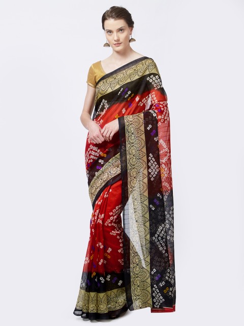 

Rajesh Silk Mills Orange & Red Silk Cotton Bhagalpuri Bandhani Print Saree