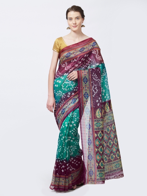 

Rajesh Silk Mills Teal & Purple Silk Cotton Bhagalpuri Bandhani Print Saree