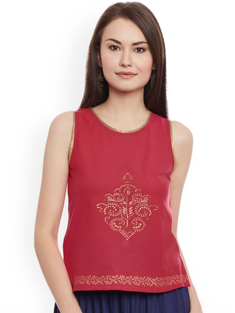 

9rasa Women Cotton Mangalgiri Block Printed Top, Red