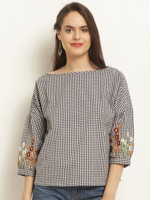 

Marie Claire Women Black & White Checked A-Line Chambray Pure Cotton Top