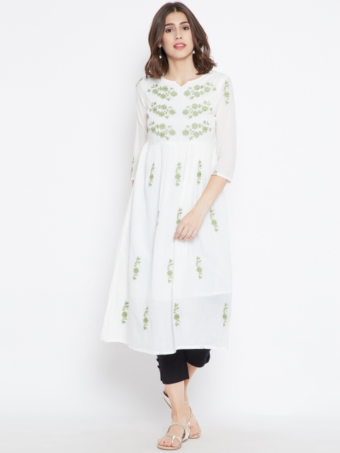 

Be Indi Women White & Green Embroidered Straight Kurta