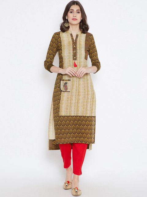

Be Indi Women Olive Green & Olive Green Printed Straight Kurta