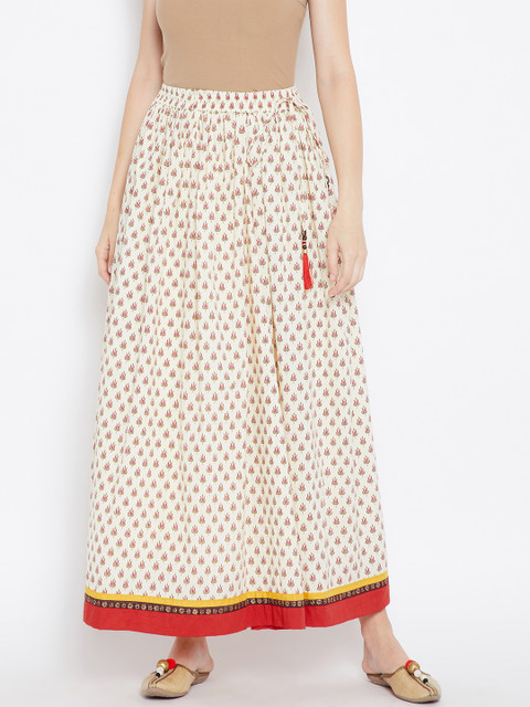 

Be Indi Women Cream-Coloured Printed Maxi Flared Pure Cotton Skirt