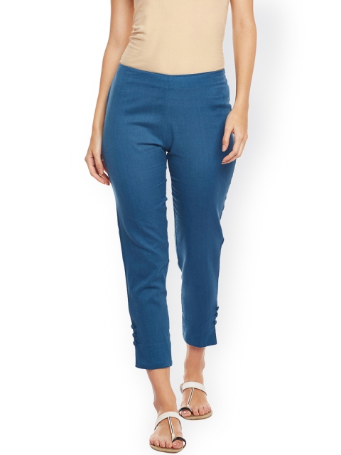 

Be Indi Women Blue Comfort Straight Fit Solid Cigarette Trousers