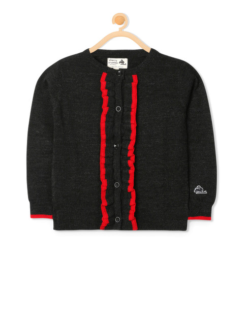 

Cherry Crumble Girls Black & Red Wool Solid Cardigan