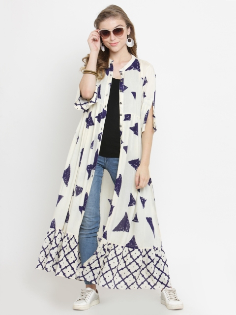 

Indibelle Off-White & Navy Blue Printed Button Shrug