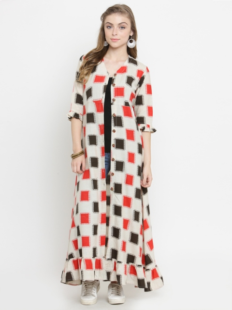 

Indibelle Off-White & Red Printed Button Shrug