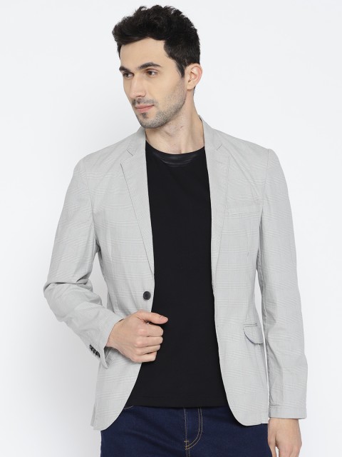 

ColorPlus Men Grey & White Checked Contemporary Fit Single-Breasted Casual Pure Cotton Blazer