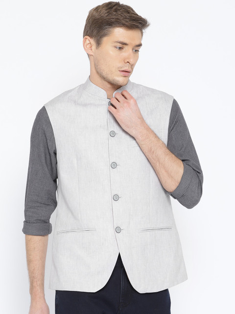 

ColorPlus Men Grey Melange Linen Solid Custom Fit Nehru Jacket