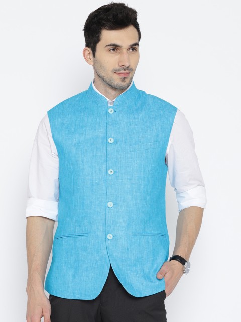 

ColorPlus Men Blue Linen Solid Custom Fit Nehru Jacket