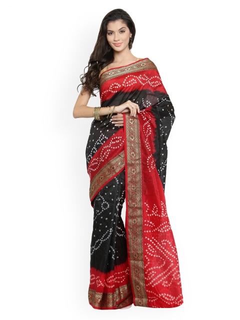 

Geroo Jaipur Black & Red Printed Handloom Bandhani Saree
