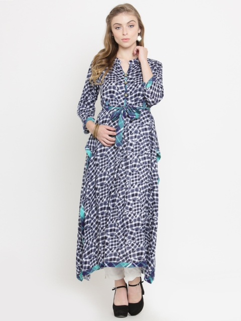 

Indibelle Women Navy Blue & Green Checked A-Line Asymmetric Kurta
