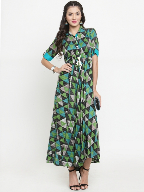 

Indibelle Women Green Printed Fit & Flare Dress