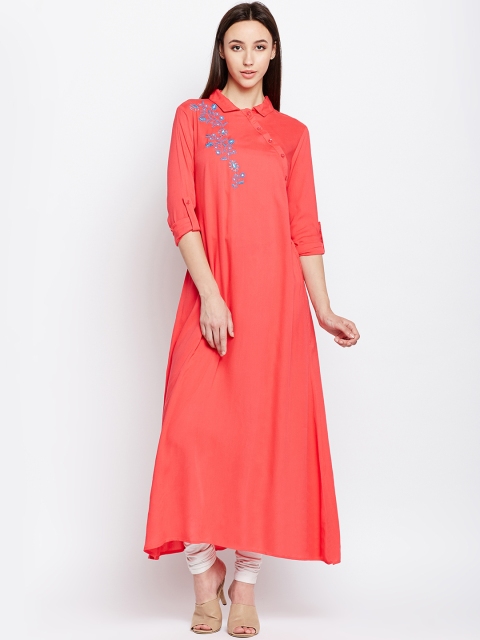 

Oxolloxo Women Coral Pink Embroidered Straight Kurta