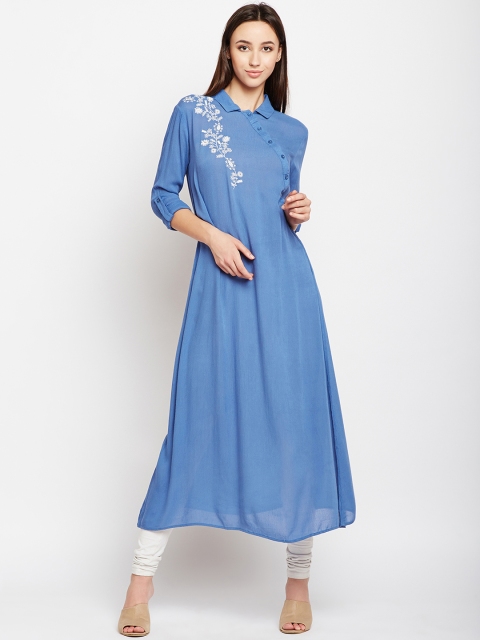 

Oxolloxo Women Blue Embroidered A-Line Kurta