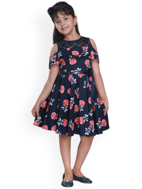 

CUTECUMBER Girls Navy Blue Printed Fit and Flare Dress