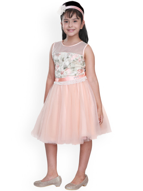 

CUTECUMBER Girls Orange Self Design Fit and Flare Dress