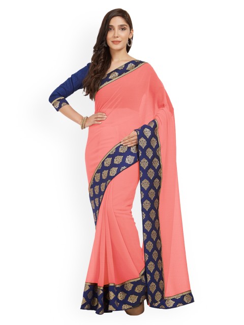 

MIRCHI FASHION Peach-Coloured & Navy Blue Poly Chiffon Solid Saree