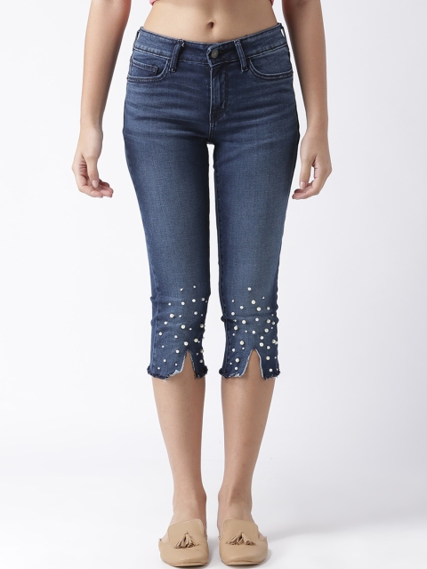 

Estrolo Women Blue Embellished Skinny Fit Capris