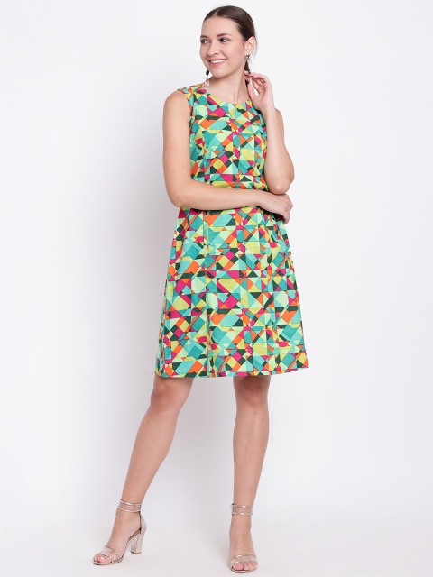 

Ayaany Women Green & Orange Printed A-Line Dress