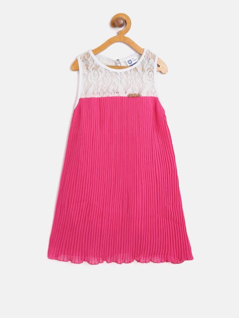 

612 league Girls Pink & White Self Design A-Line Dress